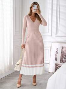 SHEIN Clasi Váy len xếp ly chữ A cổ chéo thanh lịch cho nữ, trang phục mùa thu/đông - Màu Hồng baby - Xem 8