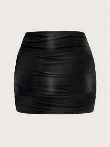 SHEIN EZwear Váy suông màu trơn thời trang cỡ lớn ôm vừa vặn xếp nếp, mùa thu - màu đen - Xem 2