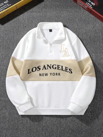 Manfinity Campus Court Men's Autumn Letter Graphic Long Sleeve Zip-Up Half Placket Casual Quarter Zip Sweatshirt