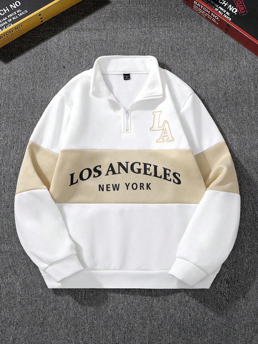 Aesthetic Post Men's Autumn Letter Graphic Long Sleeve Zip-Up Half Placket Casual Quarter Zip Sweatshirt - Multicolor - View 1