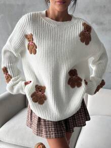 EURMUSE Women Round Neck Oversize Drop Shoulder 3d Mini Teddy Bear Patched Pattern Cute Drop Shoulder Sweater Pullover - White - View 7