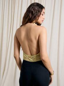AiiRZ Elegant Lace Halter Bodysuit Cowl Neck Backless Evening Party Formal Women Romper Spring Summer Wedding Guest Scalloped Trim - Green - View 2