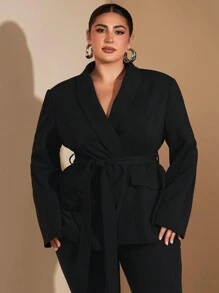 SHEIN BAE Chaqueta de traje de manga larga con cintura anudada, elegante y de talla grande, para otoño e invierno, Navidad, Acción de Gracias, fiestas, blazers de mujer de talla grande, estilo casual de negocios, traje, vestimenta formal, abrigo de piel, traje de trabajo, elegante, blazer curvo largo, blazer de frente abierto