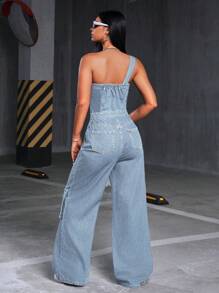 SHEIN ICON Damen Sommer lässiger Streetstyle Knopfverschluss Weites Bein Denim Jumpsuit - Mittele Waschung - Übersicht 2