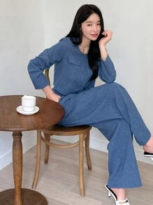 DAZY 女士两件套：圆领长袖短款外套和阔腿裤，秋季服装，返校季休闲套装