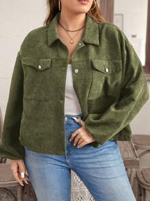 SHEIN LUNE Plus Size Casual Ribbed Texture Loose Fit Jacket, Autumn - Army Green - View 6