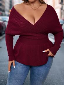 SHEIN LUNE Suéter de mujer de talla grande con cuello en V, dobladillo acampanado y espalda descubierta, color caramelo y rojo marrón, para otoño e invierno, elegante ropa de mujer, estilo campo