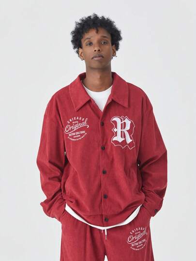 Prep Men's Front Button Long Sleeve Letter Print Casual Minimalist Jacket, Daily Wear