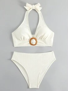 SHEIN Swim Bộ Bikini Nữ Nhẫn Buộc lại màu trơn - Màu be - Xem 4