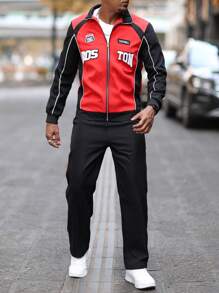 Manfinity Homme 2pcs Men's Color Block Patchwork Front Zip Long Sleeve Letter Print Minimalist Jacket & Pants, Men Tracksuit, Men Two Pieces Outfits, Men Clothes - Multicolor - View 5
