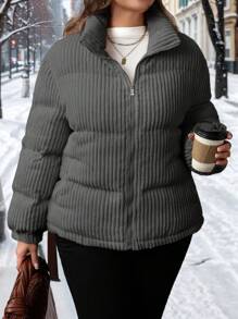 SHEIN LUNE Plus Size Women Christmas Green Geometric Pattern Regular Loose Fit Stand Collar Zip-Up Padded Coat, Winter Thickened  Jacket & Parkas Winter Coat