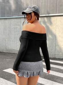 CovetEZ Plus Size Casual Foldover Off-Shoulder Fitted Waffle T-Shirt