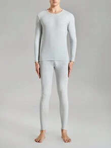 2pcs/Set Men's Round Neck Long Sleeve Solid Color Base Layer Thermal Tops - Multicolor - View 3