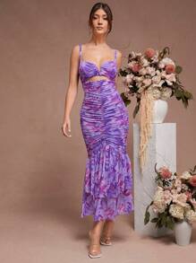 L'Amorae Floral Ruched Mermaid Hem With Cutout Details Dress