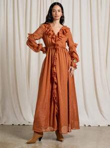 AiiRZ 波西米亚风卢勒克斯饰面 V 领荷叶边细节长袖束腰超长连衣裙 - 橘色 - 查看 1