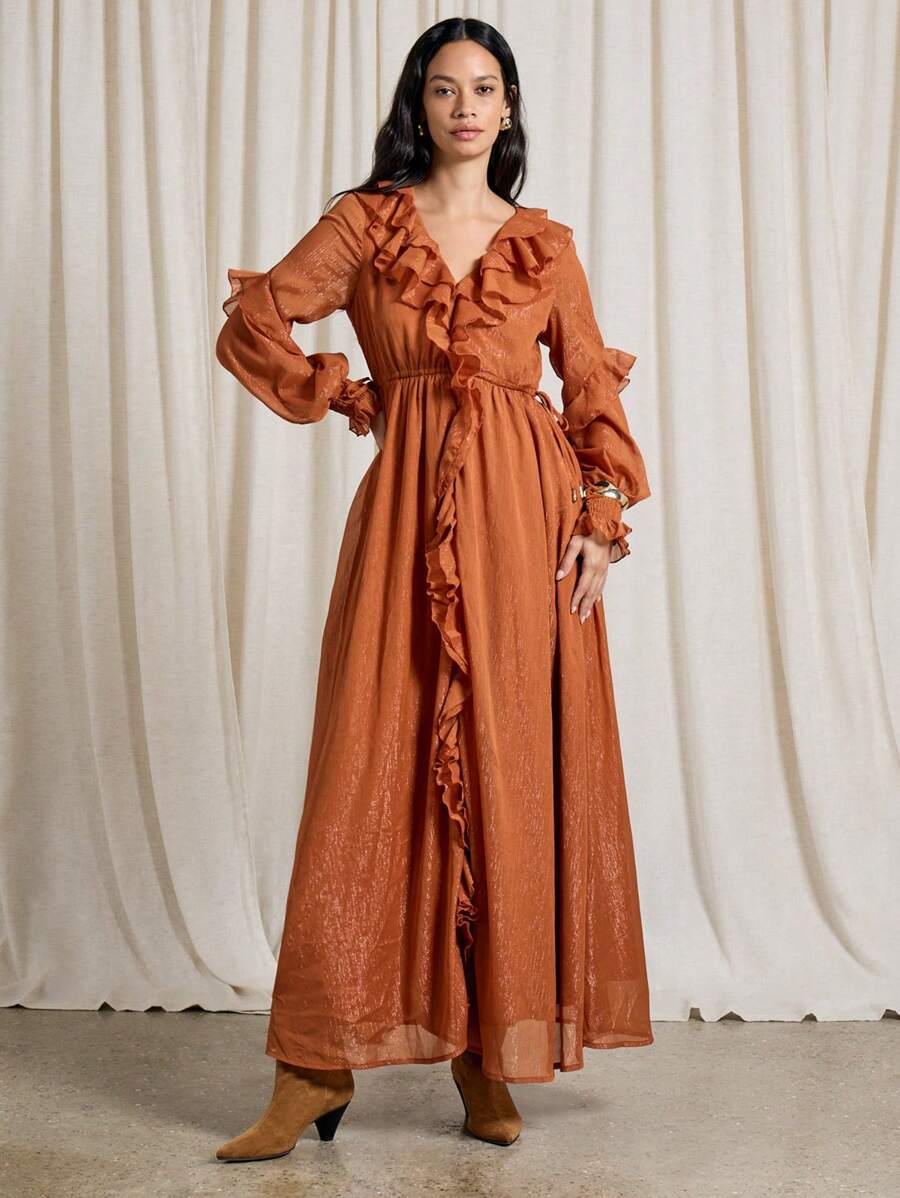 AiiRZ 波西米亚风卢勒克斯饰面 V 领荷叶边细节长袖束腰超长连衣裙 - 橘色 - 查看 1