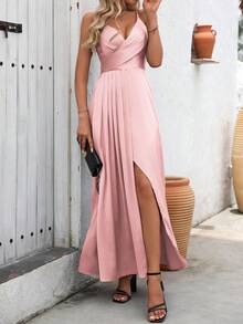 SHEIN Clasi 1 件女士纯色 V 领开衩下摆优雅吊带裙 - 粉色 - 查看 6