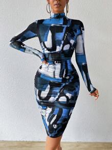 Zolique Đầm ngắn xếp ly cổ đứng in họa tiết toàn thân thời trang dành cho nữ - Màu xanh lam - Xem 1