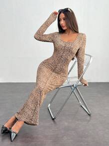 SHEIN PETITE Đầm Maxi Ôm Vừa Màu Trơn Họa Tiết Da Báo - Nhiều màu - Xem 3