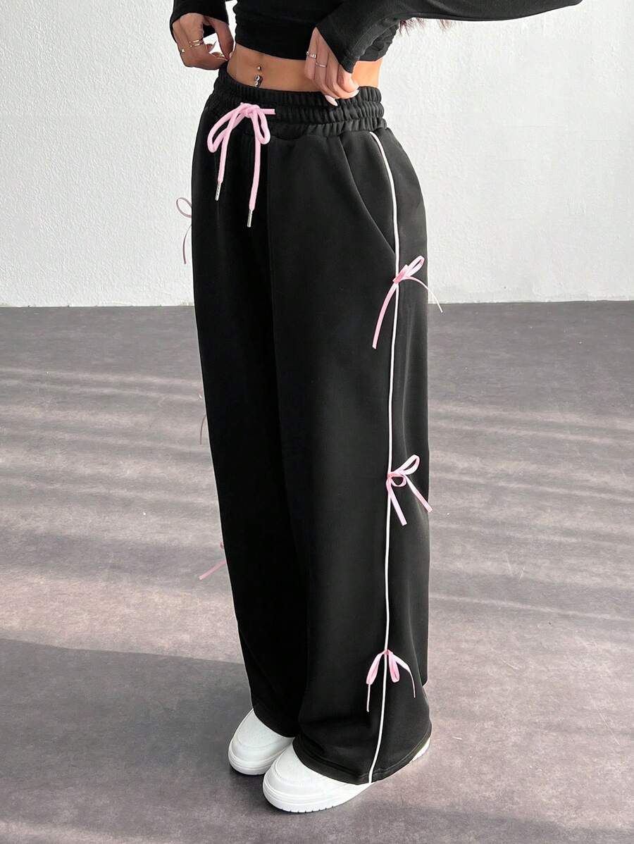 SHEIN PETITE 女士蝴蝶结装饰工装裤 - 黑色 - 查看 1