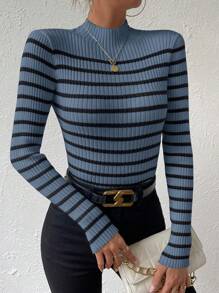 Chiquease 女士休闲日常高领条纹修身长袖毛衣，秋冬 - 藏蓝色 - 查看 7