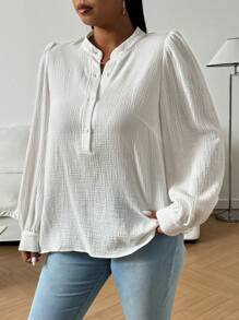 Flirla Plus Size Casual Textured Button Up Shirt, Autumn - White - View 8