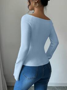 Selianne Fashionable & Elegant Raglan Sleeve Versatile Flared Sleeve Fitted Women Sweater - Blue - View 3