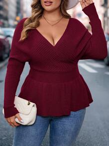 SHEIN LUNE Suéter de mujer de talla grande con cuello en V, dobladillo acampanado y espalda descubierta, color caramelo y rojo marrón, para otoño e invierno, elegante ropa de mujer, estilo campo