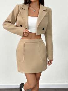 Chiquease 2pcs Khaki Blazer Jacket With Double Pockets And A-Line Skirt Suit Set, Stylish