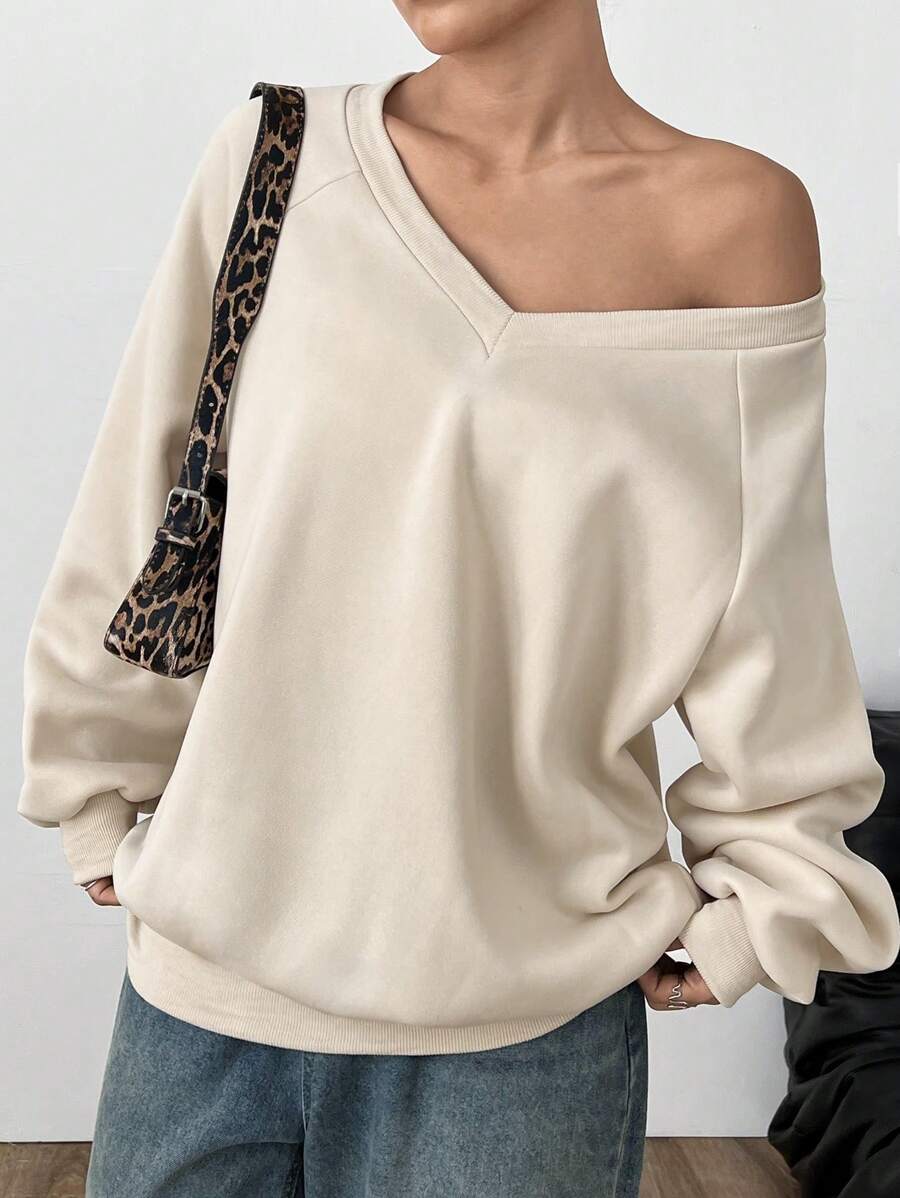 SHEIN Unity 超大纯色 V 领长袖休闲运动衫 - 杏色 - 查看 1