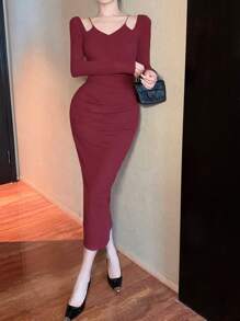 DAZY Women Solid Color Long Sleeve Pleated Mid-Length Wrap Dress,Elegant Burgundy Autumn Dinner Date Prom Dress,New Year Eve Valentine's Day Maxi Dress - Red - View 5