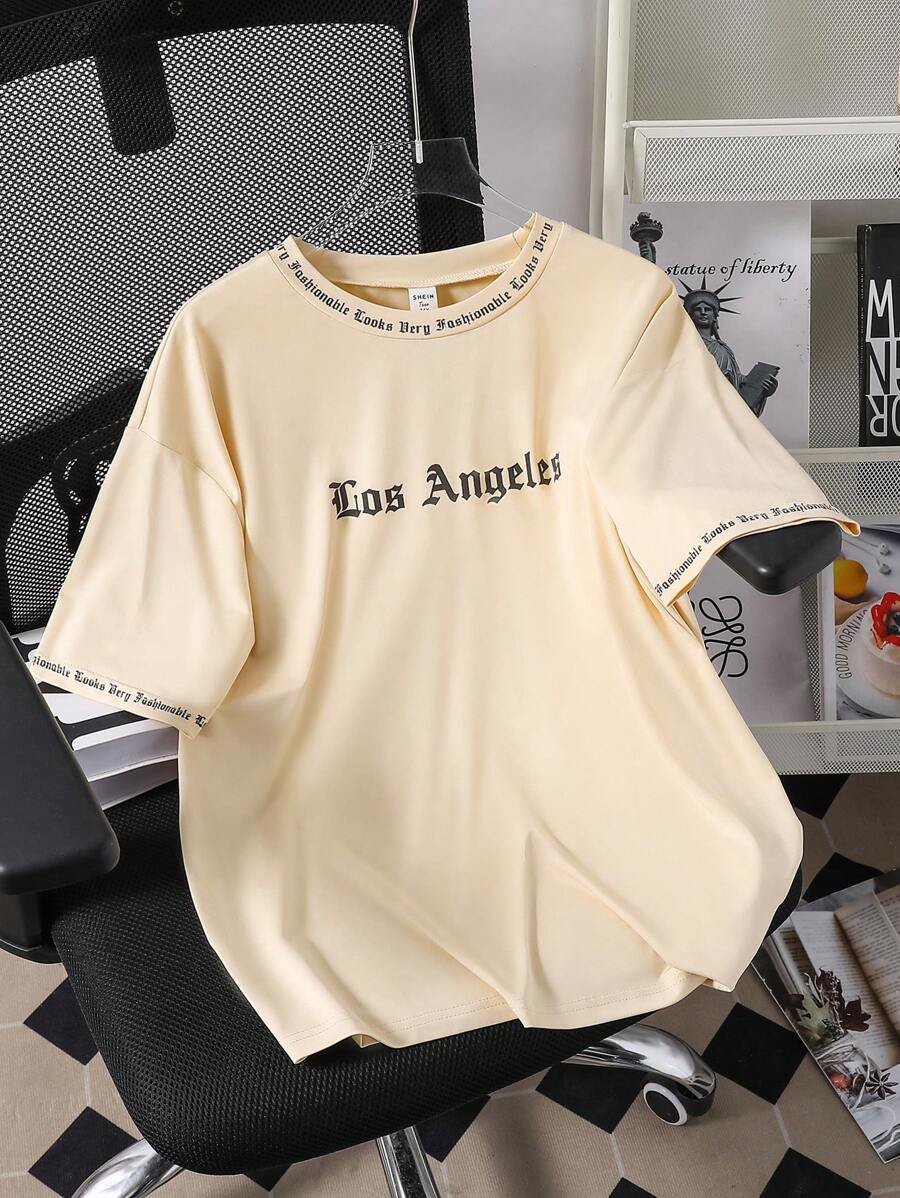 SHEIN Explorewe Street Fashion Teenager Boys Crew Neck Letter Graphic Pullover Knitted T-Shirt - Apricot - View 1