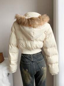 Comfortcana Women's Fluffy Patchwork Hooded Zip-Up Padded Coat With Pockets, Fall/Winter - Apricot - View 2