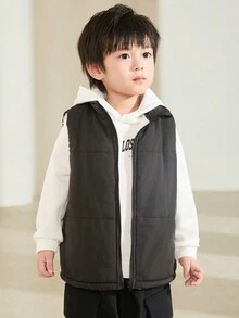 SHEIN 1 件年轻男孩休闲、简约、时尚、实用、百搭、透气、舒适立领背心，带保暖内衬，适合日常生活、学校、旅行、运动、秋冬季节 - 黑色 - 查看 4