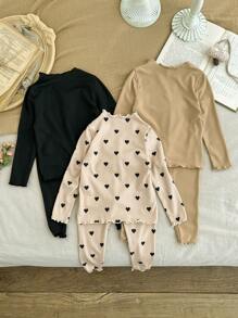 SHEIN LMoss Kids LMoss 6件套女婴秋冬可爱针织弹力波点图案长袖上衣和松紧腰裤套装