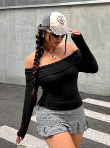 CovetEZ Plus Size Casual Foldover Off-Shoulder Fitted Waffle T-Shirt