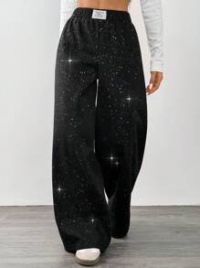 SHEIN EZwear 女士休闲贴花阔腿七分裤 - 黑色 - 查看 3
