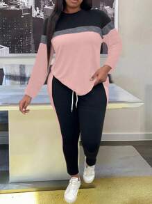 EMERY ROSE 2pcs/Set Plus Size Women Casual Sports Color Block Long Sleeve T-Shirt And Drawstring Waist Skinny Pants Outfit, Spring/Autumn Fall Cloth For Women - Multicolor - View 3