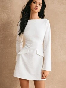 Poéselle 粗花呢白色连衣裙，女士优雅纯色喇叭袖短裙，露背连衣裙，秋季、冬季女装，喇叭袖设计，优雅时尚，警笛办公室，适合日常、街头、宴会、派对和其他场合穿着。 - 白色 - 查看 4