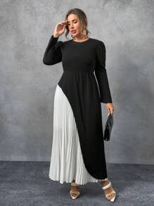 Flirla 大码双色喇叭袖褶边连衣裙，春/秋