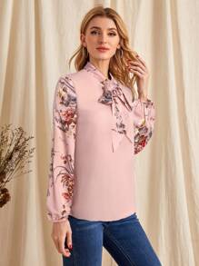 EMERY ROSE Áo cánh dài tay cổ buộc họa tiết hoa thanh lịch cho nữ - Hồng - Xem 4