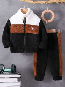 SHEIN 2pcs Baby Boys' Plush Warm Dinosaur Pattern Matching Casual Thick Jacket And Pants Set, Winter