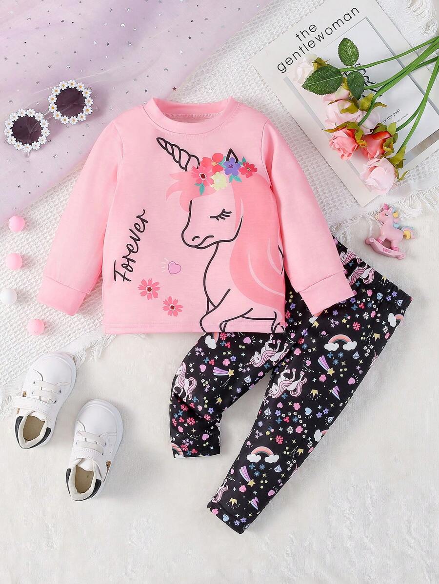 SHEIN Playful Pals 2pcs/Set Baby Girl Toddler Casual Everyday Soft Comfortable Round Neck Pullover Sweatshirt And Leggings Outfit, Unicorn Print T-Shirt & Pants Set, Autumn/Winter