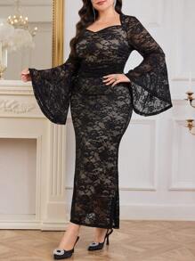 Modelyn Plus Size Elegant Lace Sweetheart Neck Flared Sleeve Cinched Waist Dress, Autumn Long Evening Dresses