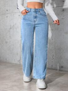 SHEIN PETITE Quần Jeans Ống Thẳng Túi Rộng Đơn Giản Đa Năng Cho Nữ - Rửa nhẹ - Xem 4