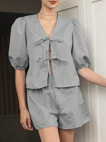 INAWLY 2 pièces/Set Top à manches bouffantes avec nœud devant et short décontracté pour femmes grande taille en tartan - Noir et Blanc - Voir 3