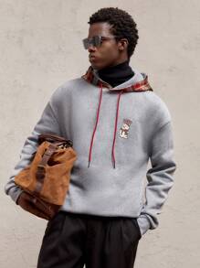 AKNOTIC Party 圣诞节男士针织超大落肩休闲套头连帽衫，配以彩色图案印花，适合秋冬季、圣诞节、新年、雪人、格子、卡通图案 - 灰色 - 查看 5