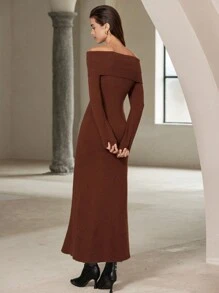 SHEIN Privé Off-Shoulder Bodycon Design Elegant Women's Maxi Sweater Dress With Fish Tail Hem - Grey - View 2