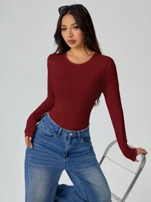 SHEIN PETITE Solid Long Sleeve Slim Fit White T-Shirt Bodysuit - Burgundy - View 4