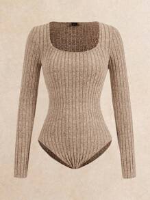 Poéselle 2pcs Rib Bodysuit & Pants Set, Comfy Loungewear Workout Set, Tracksuit, Casual Style, Long Sleeve Bodysuit And Wide Leg Pants, Autumn Winter Basic Essential, Baggy Pants, Long Sleeve, Winter Clothes